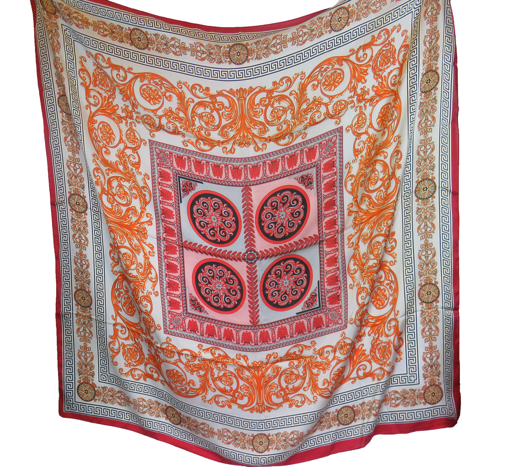 Large Silk Square Vintage Print Scarf/ Hijab- Flame mix -15