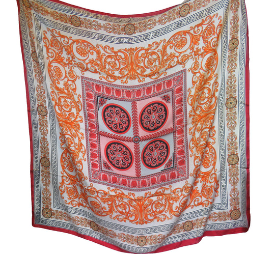 Large Silk Square Vintage Print Scarf/ Hijab- Flame mix -15