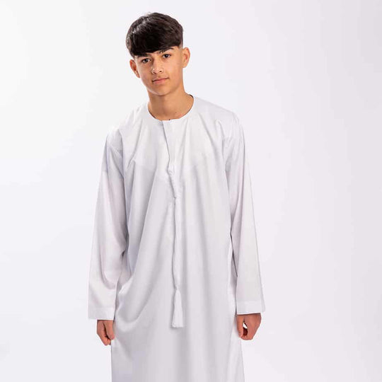 Boys Emirati Zip Thobe /Jubba with removable string - White smooth